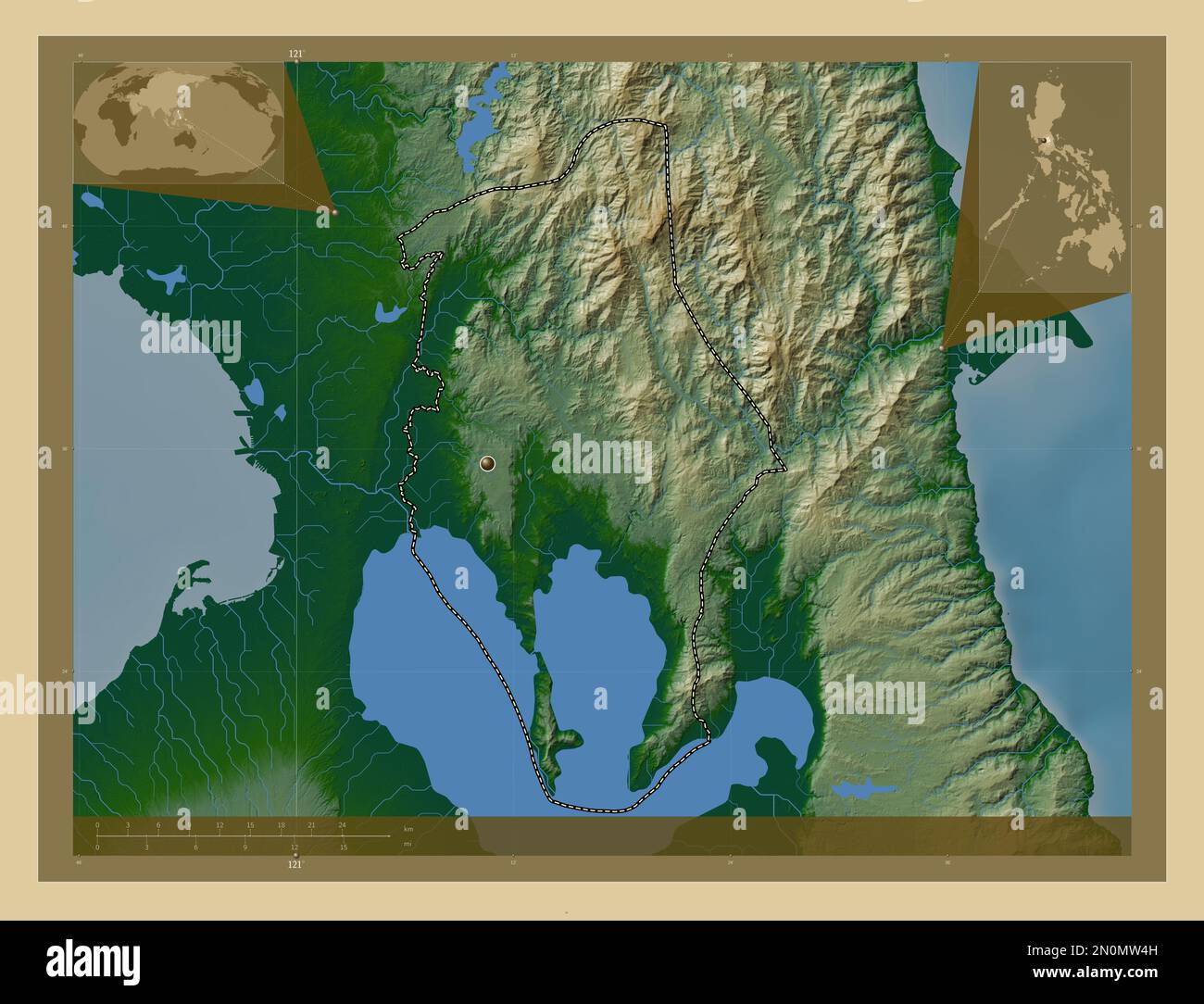 Rizal, province of Philippines. Colored elevation map with lakes and rivers. Corner auxiliary location maps Stock Photo