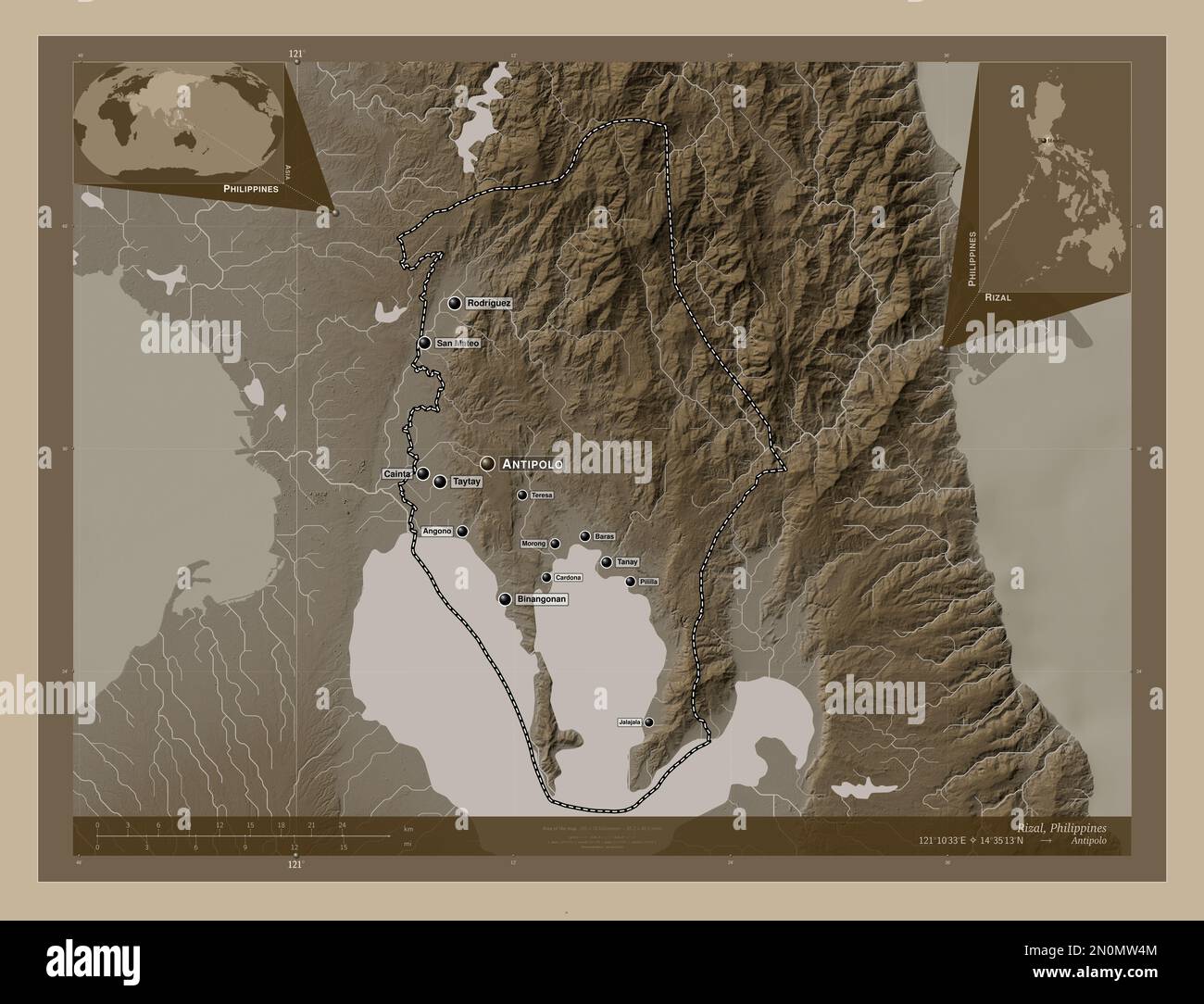 Rizal, province of Philippines. Elevation map colored in sepia tones with lakes and rivers. Locations and names of major cities of the region. Corner Stock Photo