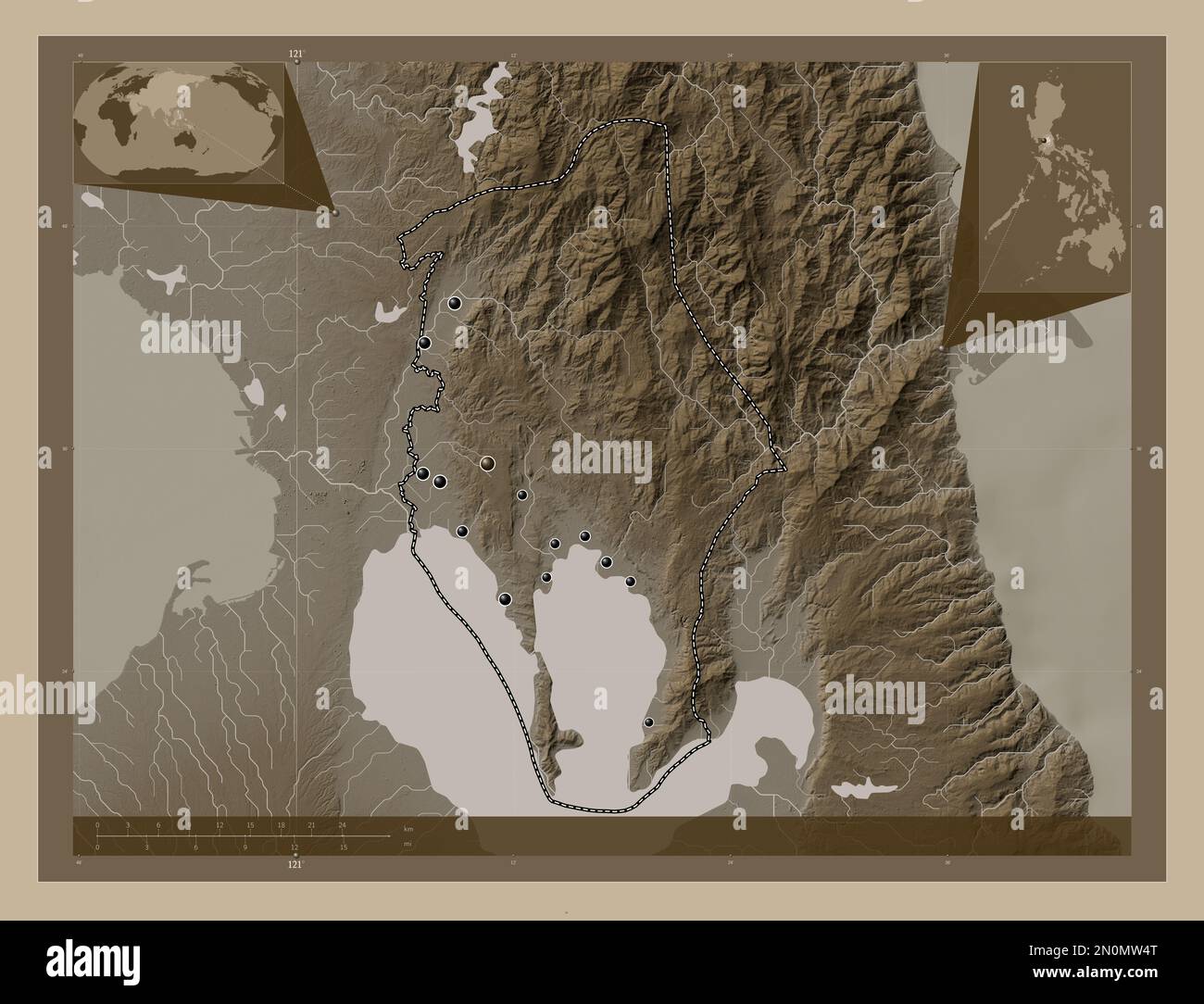 Rizal, province of Philippines. Elevation map colored in sepia tones with lakes and rivers. Locations of major cities of the region. Corner auxiliary Stock Photo