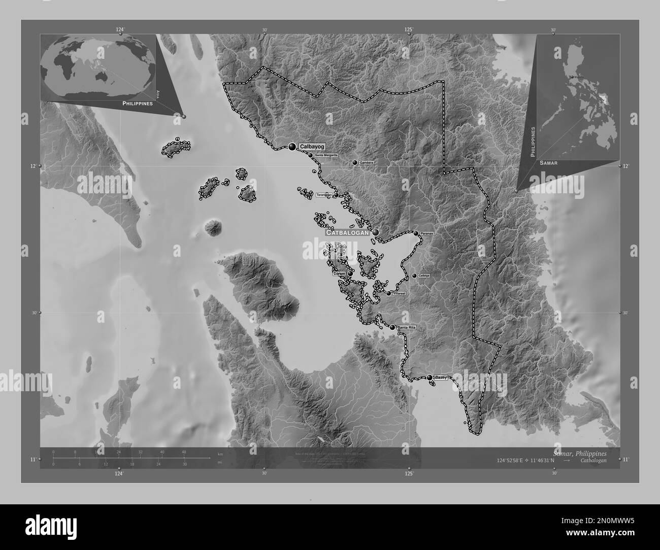 Samar province of Philippines - Samar Province Of Philippines Grayscale Elevation Map With Lakes And Rivers Locations And Names Of Major Cities Of The Region Corner Auxiliary Loc 2N0MWW5 