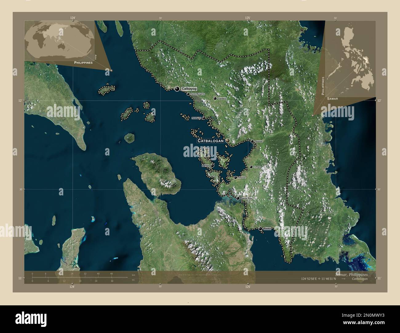 Samar, province of Philippines. High resolution satellite map. Locations and names of major cities of the region. Corner auxiliary location maps Stock Photo