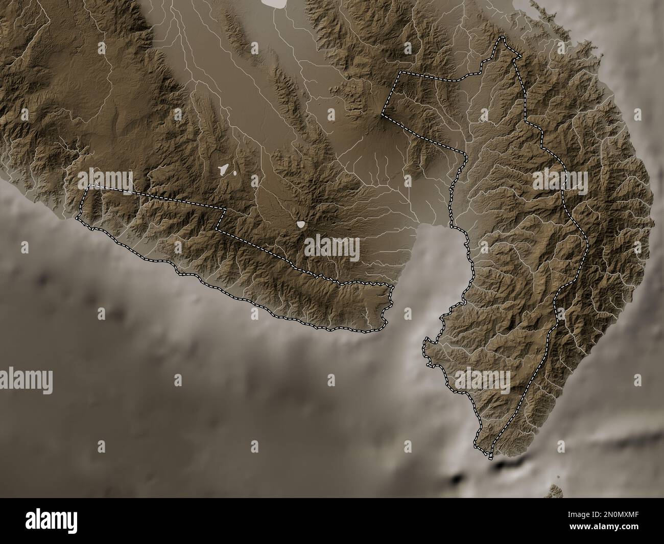 Sarangani, province of Philippines. Elevation map colored in sepia tones with lakes and rivers Stock Photo