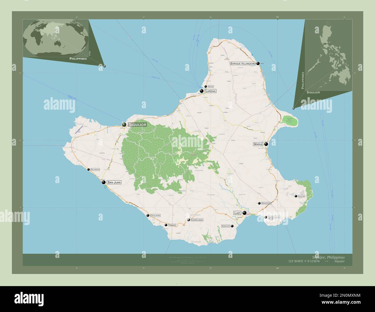 Siquijor, province of Philippines. Open Street Map. Locations and names of major cities of the region. Corner auxiliary location maps Stock Photo