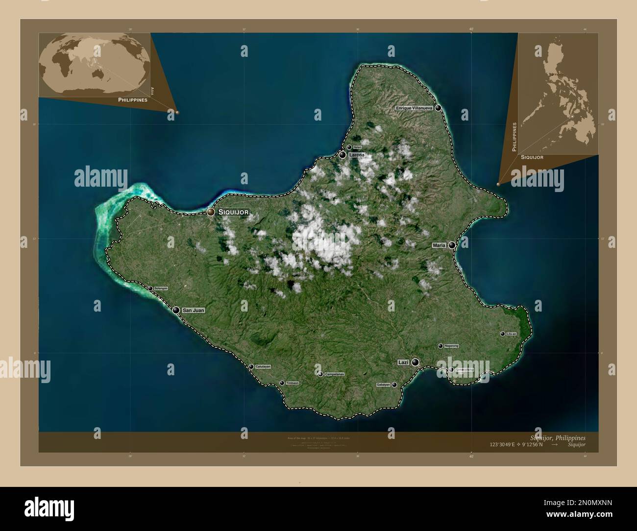 Siquijor, province of Philippines. Low resolution satellite map. Locations and names of major cities of the region. Corner auxiliary location maps Stock Photo