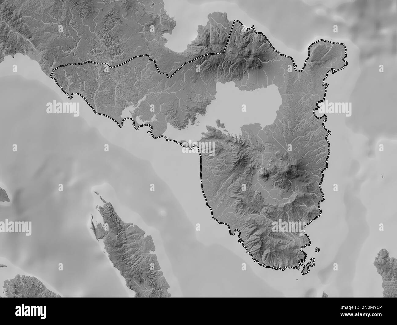 Sorsogon, province of Philippines. Grayscale elevation map with lakes and rivers Stock Photo