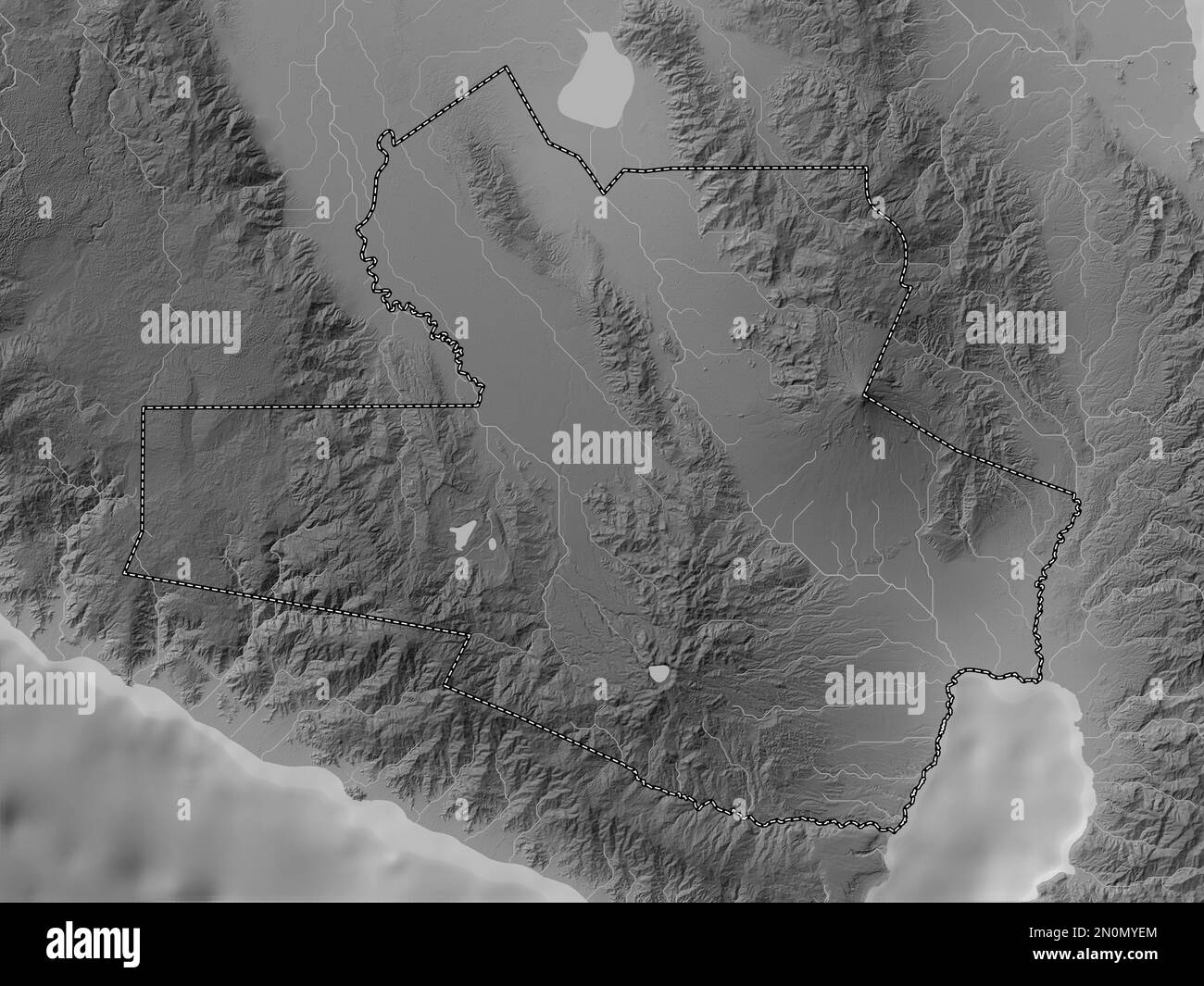 South Cotabato, province of Philippines. Grayscale elevation map with lakes and rivers Stock Photo