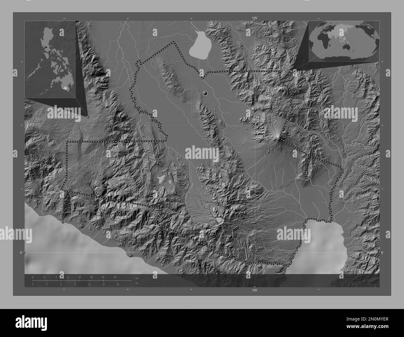 South Cotabato, province of Philippines. Bilevel elevation map with lakes and rivers. Corner auxiliary location maps Stock Photo