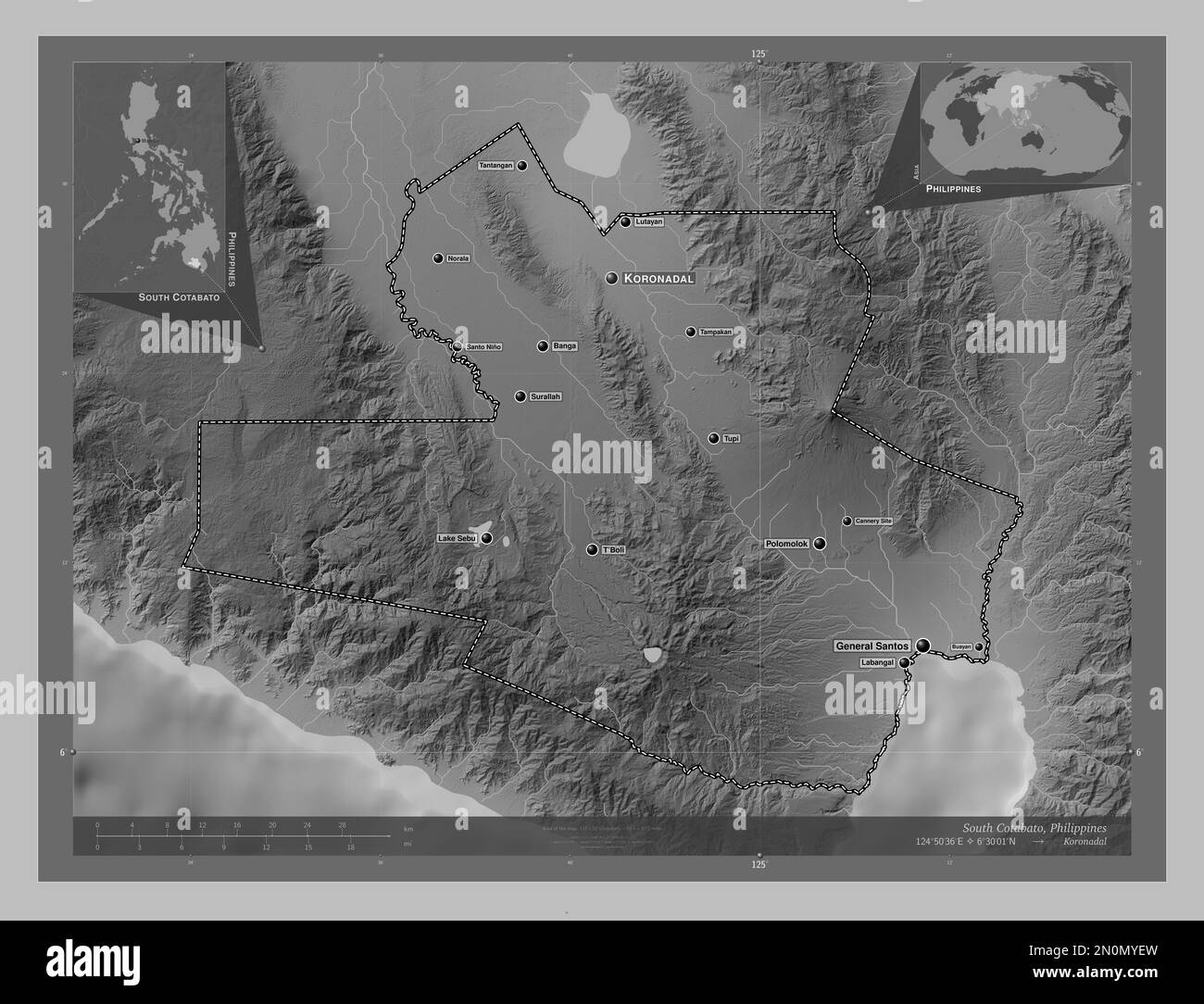 South Cotabato, province of Philippines. Grayscale elevation map with lakes and rivers. Locations and names of major cities of the region. Corner auxi Stock Photo