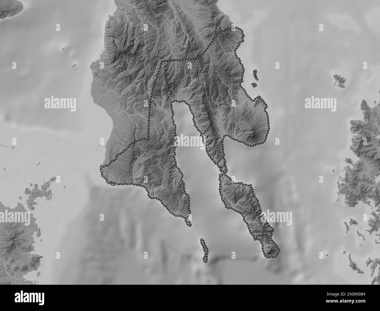 Southern Leyte, province of Philippines. Grayscale elevation map with lakes and rivers Stock Photo