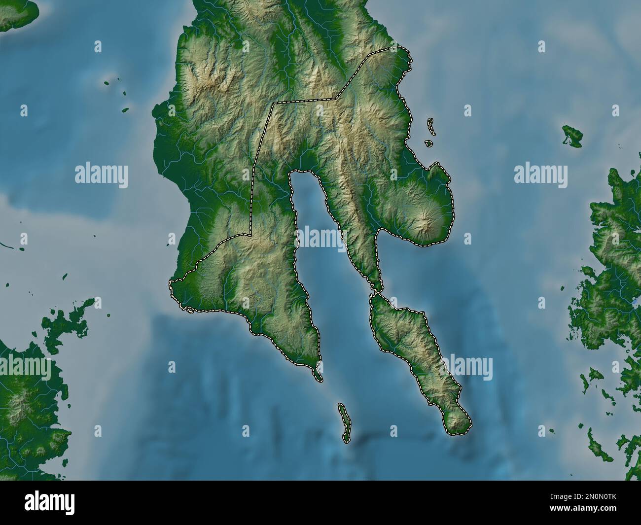 Southern Leyte, province of Philippines. Colored elevation map with lakes and rivers Stock Photo