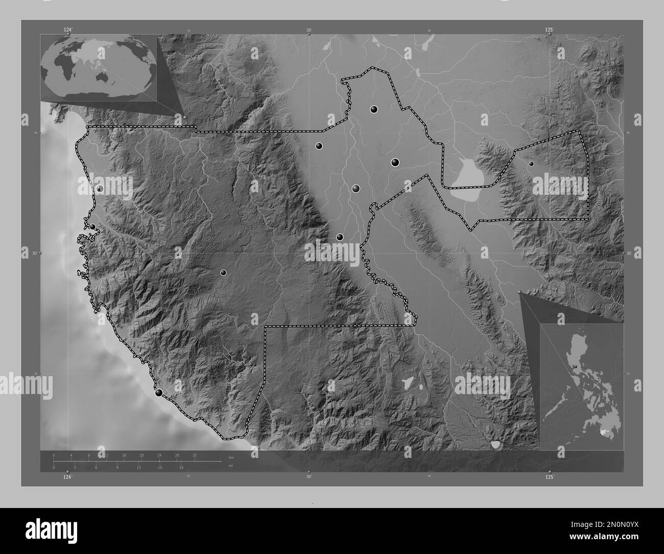Sultan Kudarat, province of Philippines. Grayscale elevation map with lakes and rivers. Locations of major cities of the region. Corner auxiliary loca Stock Photo