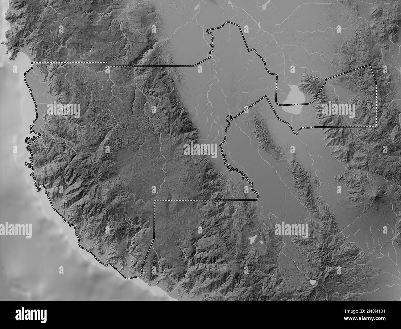 Sultan Kudarat, province of Philippines. Grayscale elevation map with lakes and rivers Stock Photo