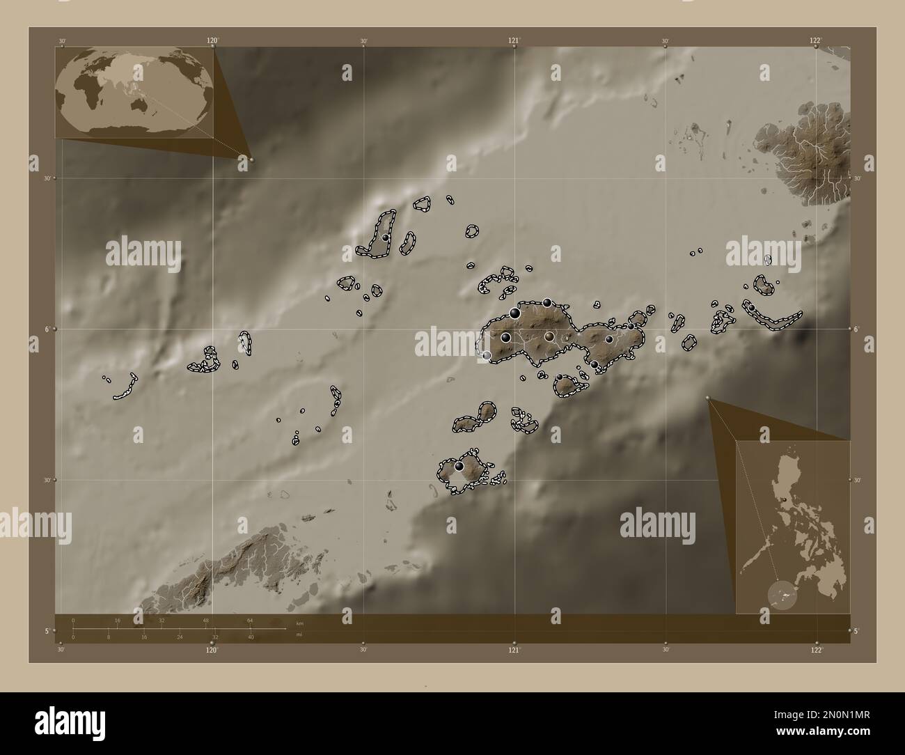 Sulu Province Of Philippines Elevation Map Colored In Sepia Tones   Sulu Province Of Philippines Elevation Map Colored In Sepia Tones With Lakes And Rivers Locations Of Major Cities Of The Region Corner Auxiliary L 2N0N1MR 