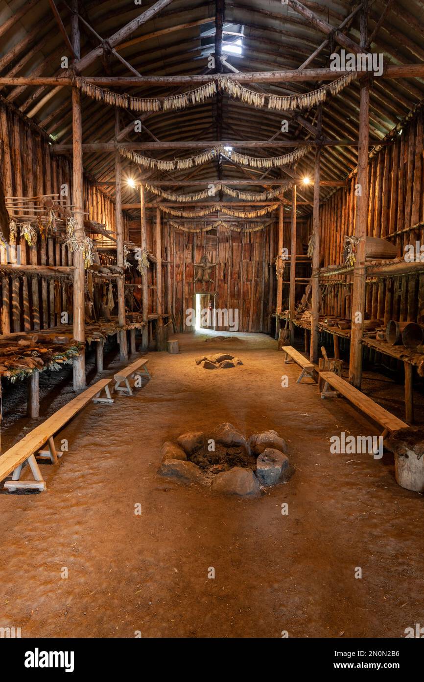 A reconstructed 15th-century Iroquoian longhouse at the Crawford Lake Conservation Area near Milton, Ontario, Canada. Stock Photo