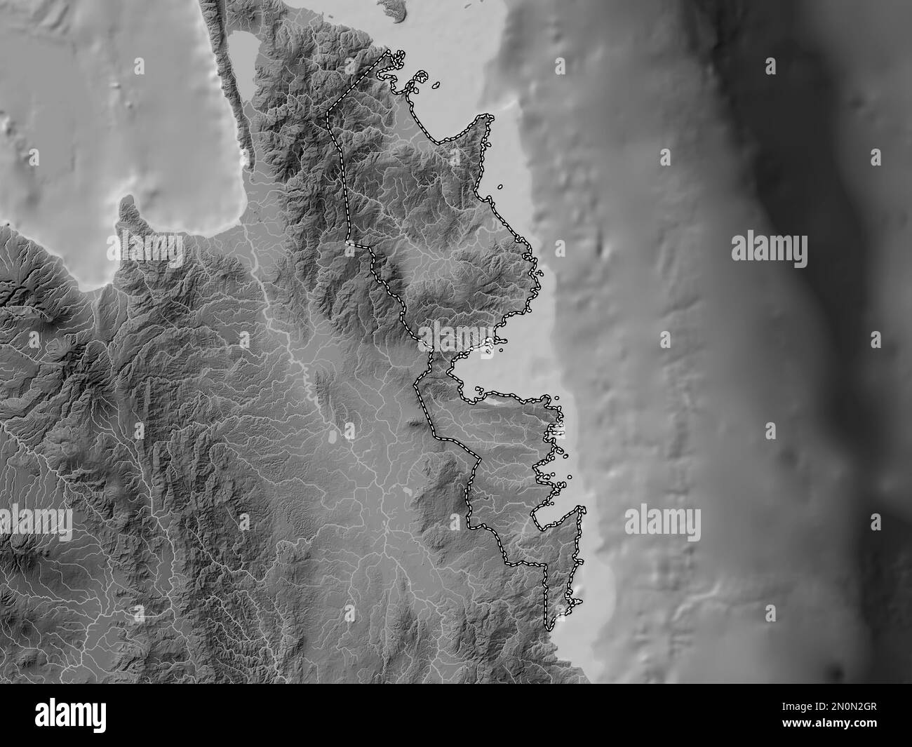 Surigao del Sur, province of Philippines. Grayscale elevation map with lakes and rivers Stock Photo
