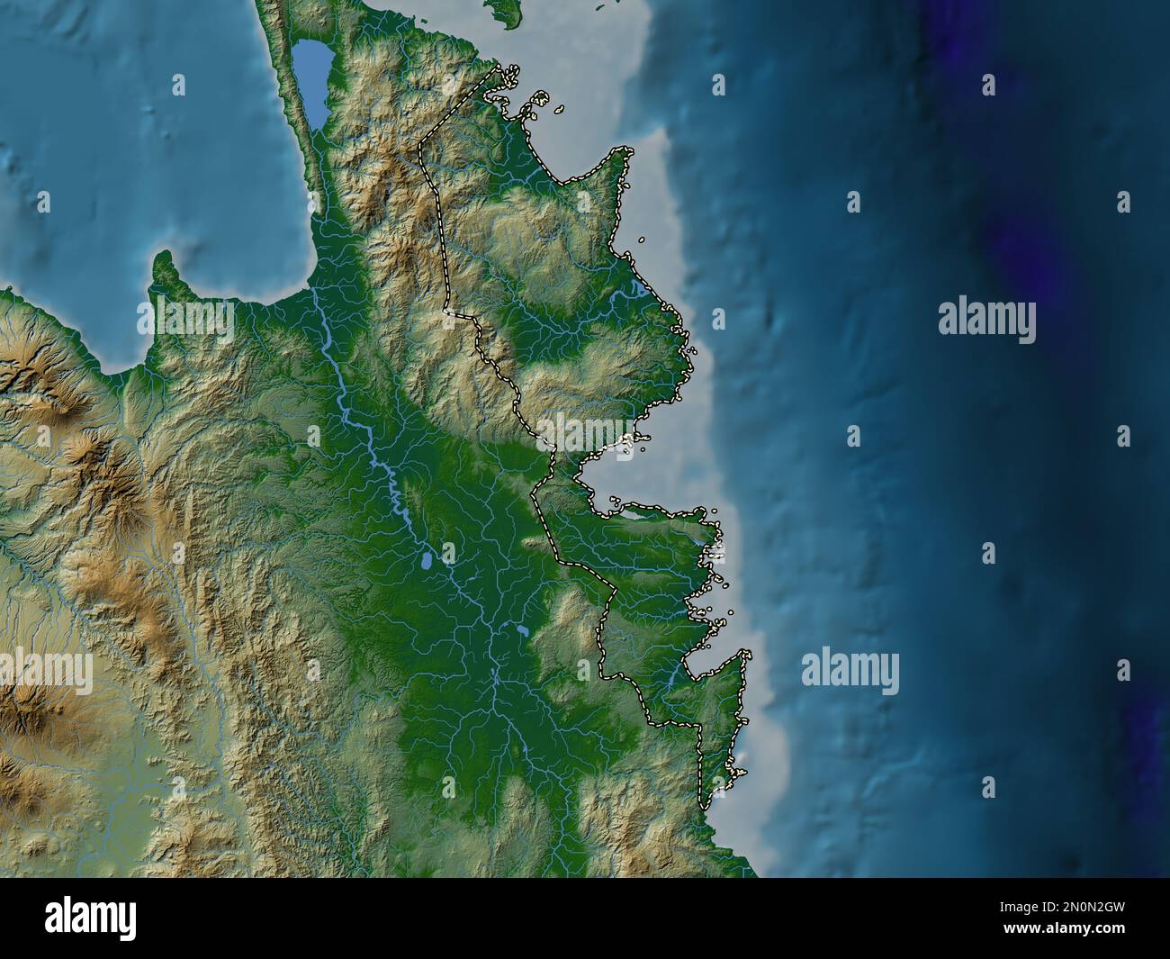 Surigao del Sur, province of Philippines. Colored elevation map with lakes and rivers Stock Photo