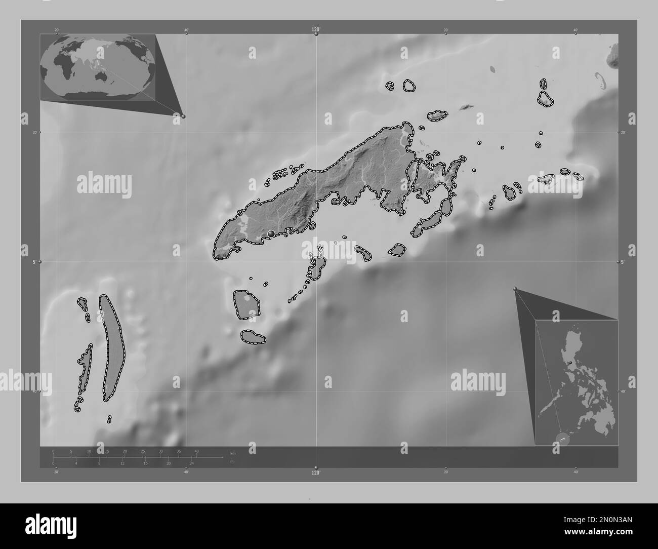Tawi-Tawi, province of Philippines. Grayscale elevation map with lakes and rivers. Corner auxiliary location maps Stock Photo