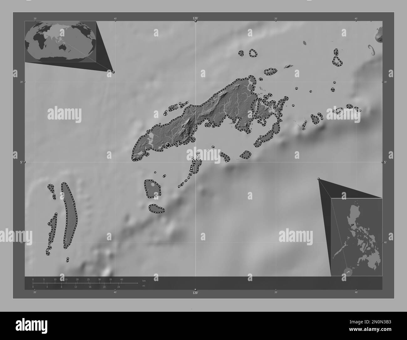 Tawi-Tawi, province of Philippines. Bilevel elevation map with lakes and rivers. Corner auxiliary location maps Stock Photo
