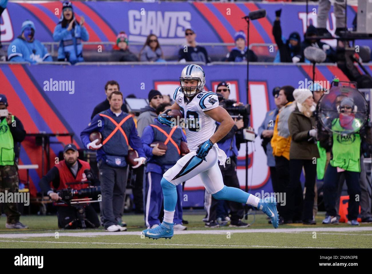 FILE- In this Sunday, Nov. 26, 2017, file photo, Carolina Panthers tight  end Greg Olsen (88) warms up prior to an NFL football game against the New  York Jets in East Rutherford