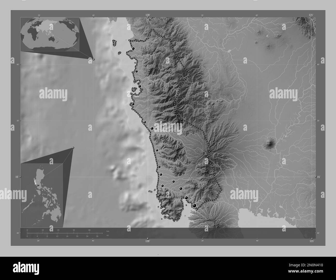 Zambales, province of Philippines. Grayscale elevation map with lakes and rivers. Locations of major cities of the region. Corner auxiliary location m Stock Photo