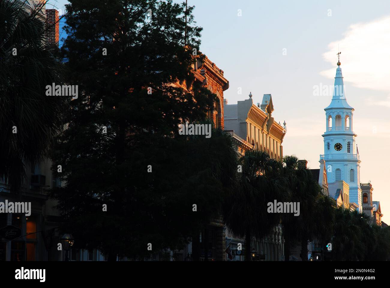 The last light touches the historic buildings of Charleston, South