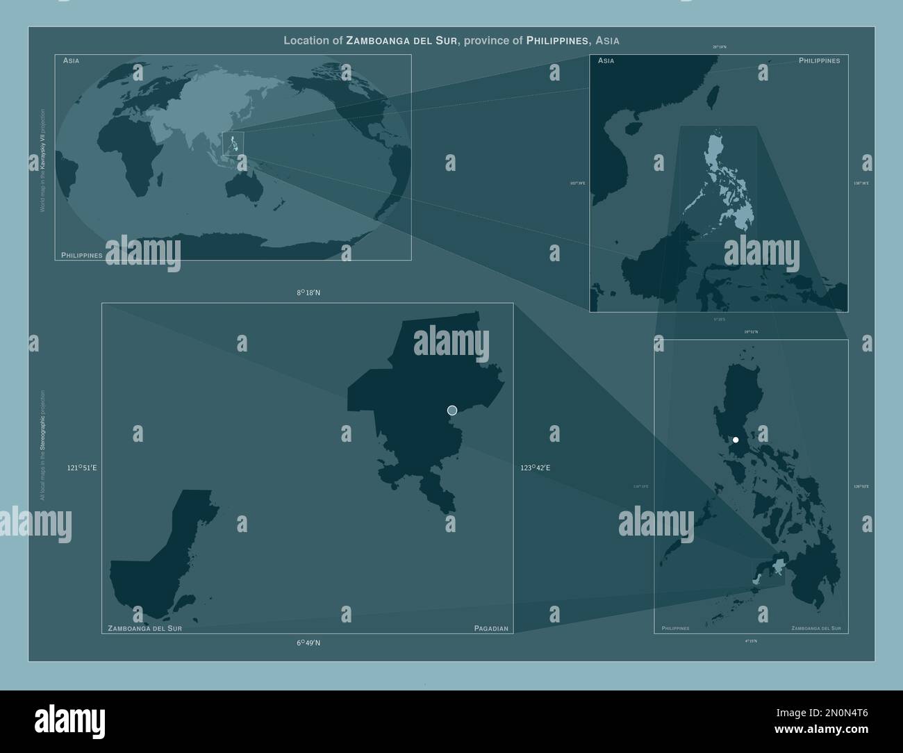 Zamboanga del Sur, province of Philippines. Diagram showing the location of the region on larger-scale maps. Composition of vector frames and PNG shap Stock Photo