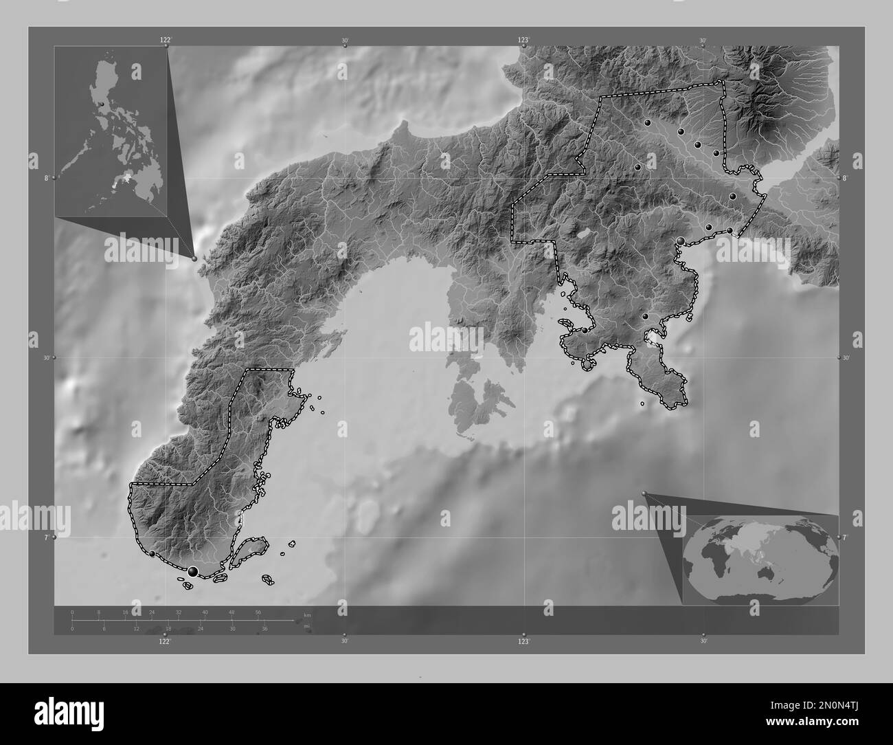 Zamboanga del Sur, province of Philippines. Grayscale elevation map with lakes and rivers. Locations of major cities of the region. Corner auxiliary l Stock Photo