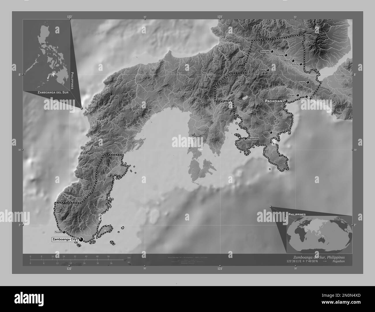 Zamboanga del Sur, province of Philippines. Grayscale elevation map with lakes and rivers. Locations and names of major cities of the region. Corner a Stock Photo