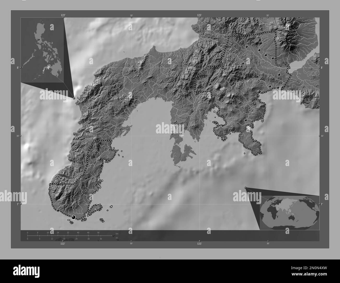 Zamboanga del Sur, province of Philippines. Bilevel elevation map with lakes and rivers. Locations of major cities of the region. Corner auxiliary loc Stock Photo