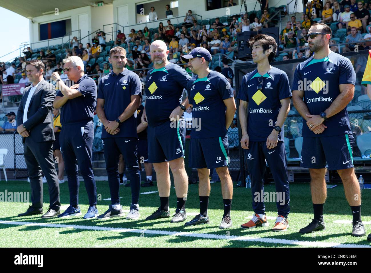 CommBank Pararoos Coach Kai Lammert (L) and support staff line up to