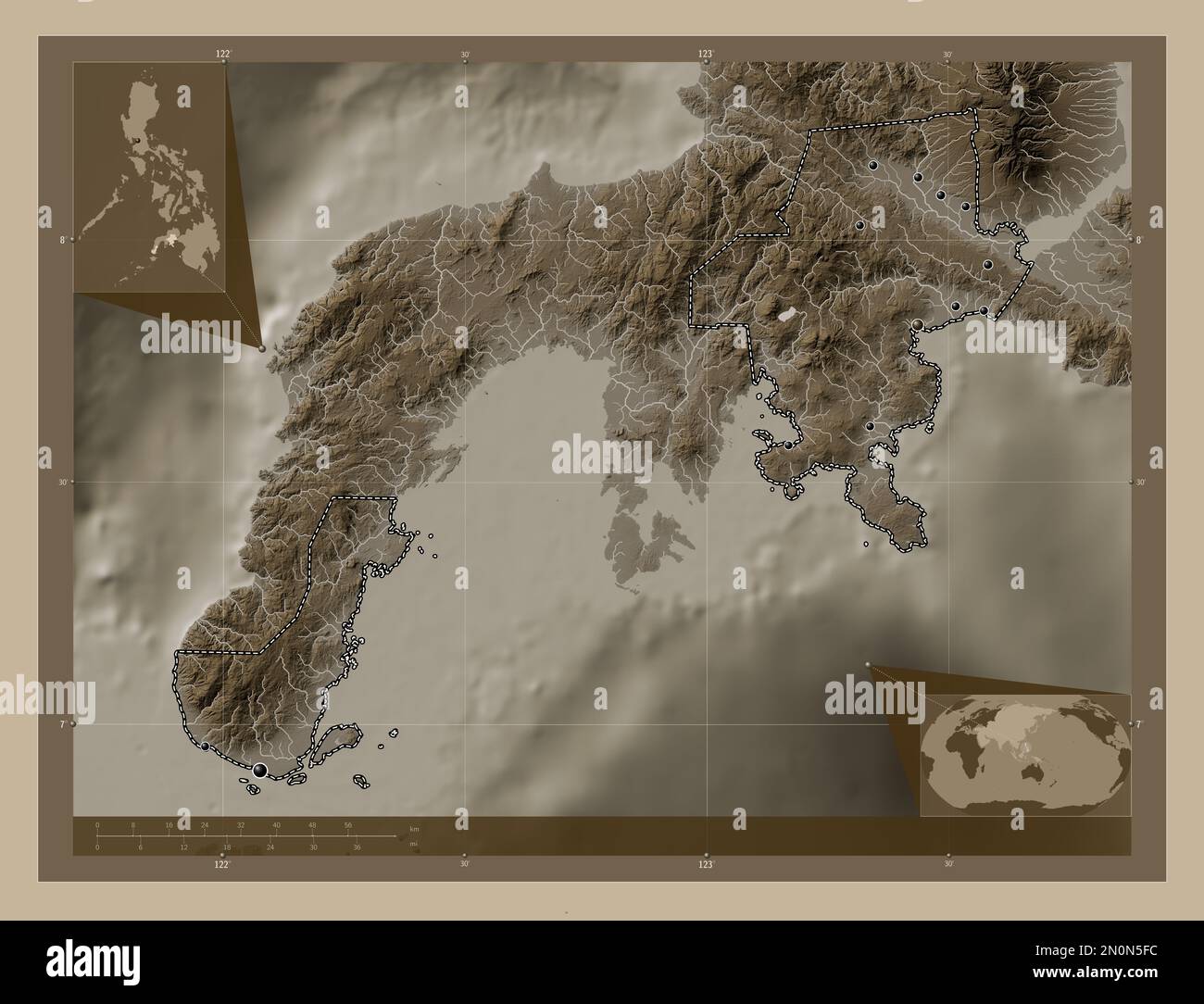 Zamboanga del Sur, province of Philippines. Elevation map colored in sepia tones with lakes and rivers. Locations of major cities of the region. Corne Stock Photo