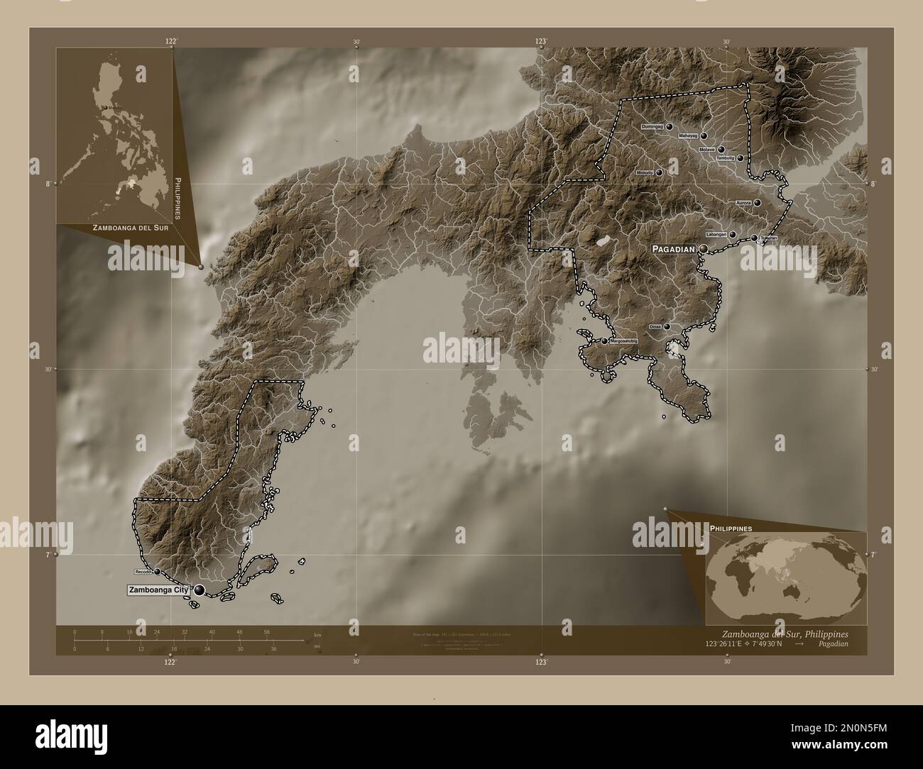 Zamboanga del Sur, province of Philippines. Elevation map colored in sepia tones with lakes and rivers. Locations and names of major cities of the reg Stock Photo
