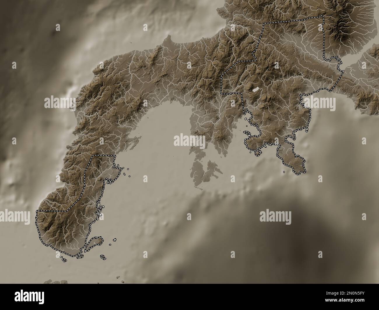 Zamboanga del Sur, province of Philippines. Elevation map colored in sepia tones with lakes and rivers Stock Photo