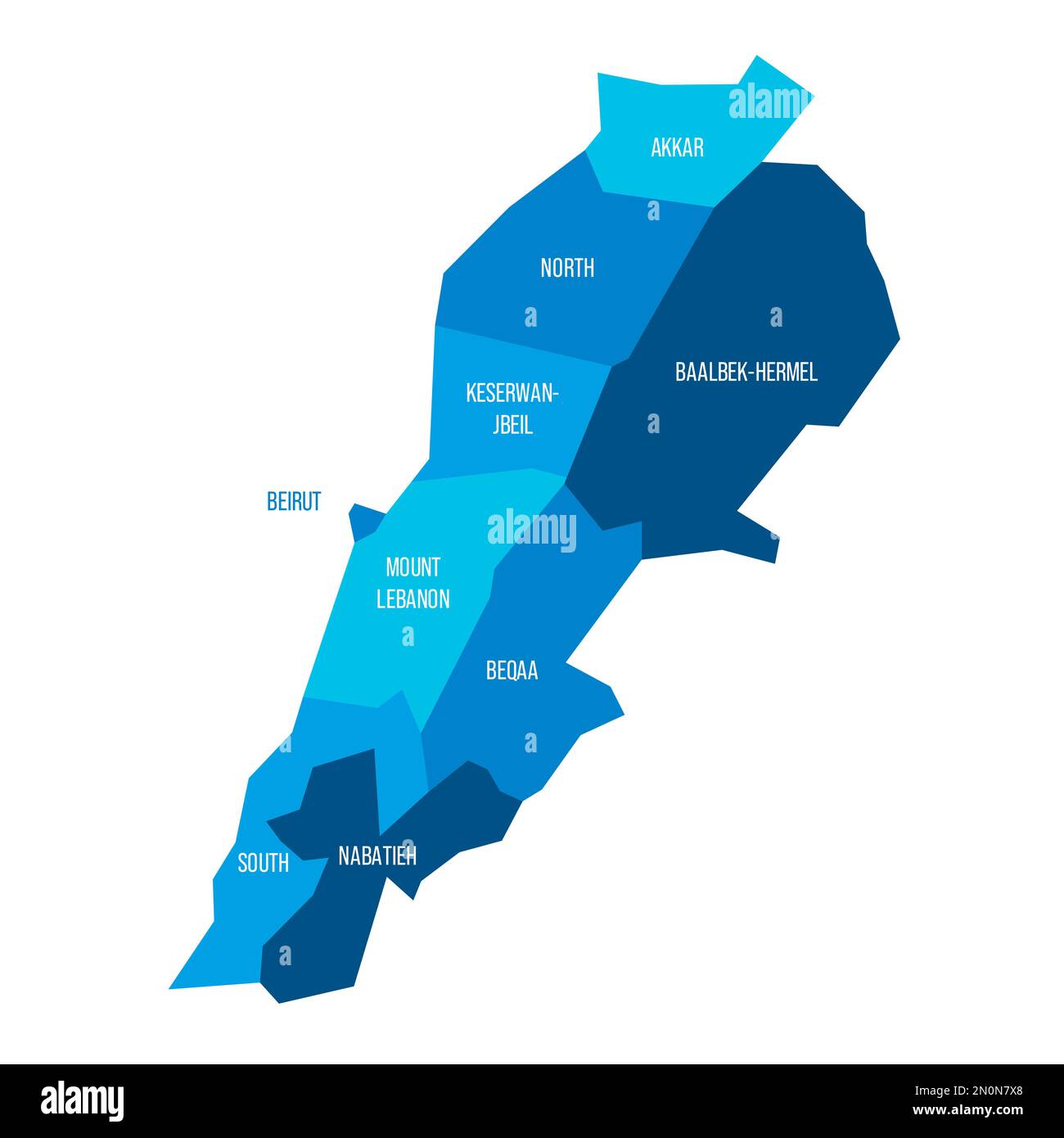 Lebanon political map of administrative divisions - governorates. Flat blue vector map with name labels. Stock Vector