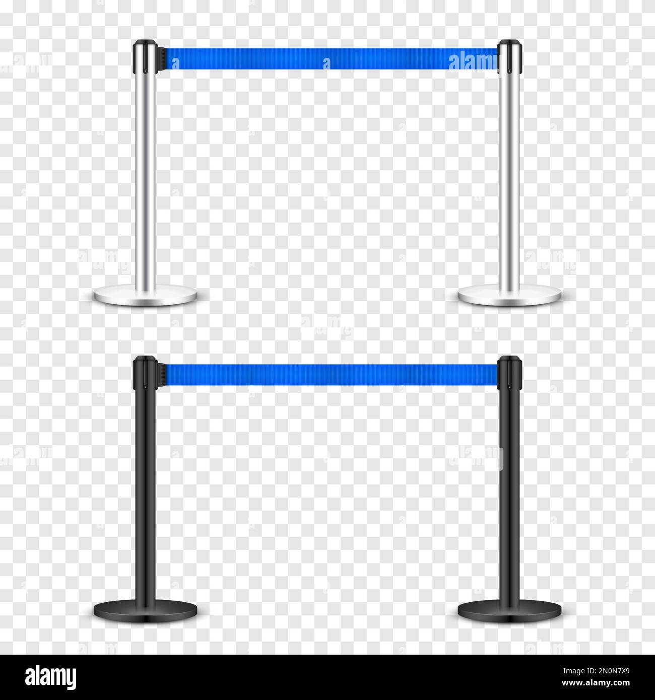 Realistic blue retractable belt stanchion. Crowd control barrier posts with caution strap. Queue
