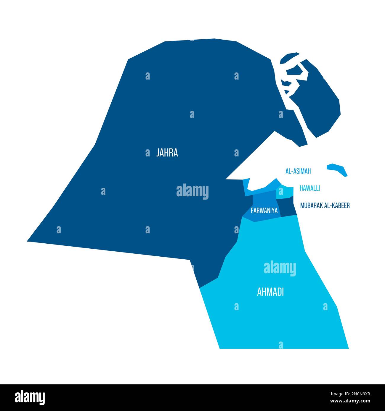 Kuwait political map of administrative divisions governorates. Flat blue vector map with name