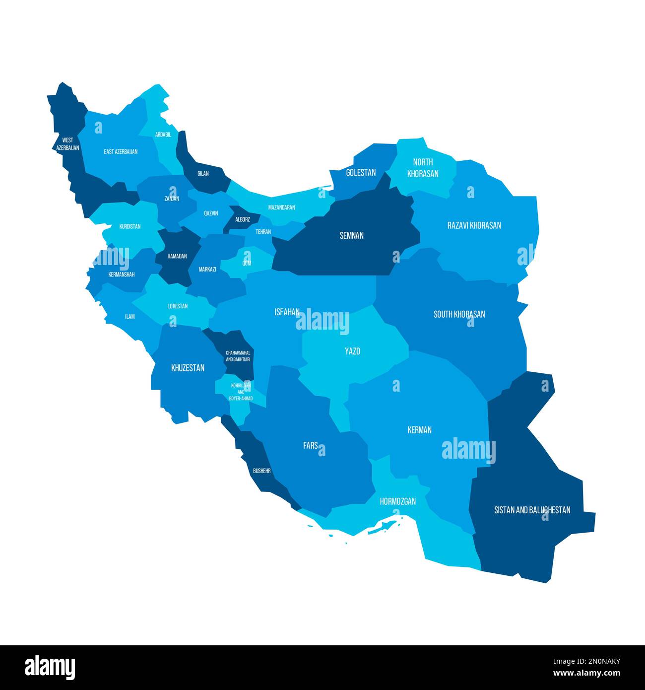 Iran political map of administrative divisions provinces. Flat blue