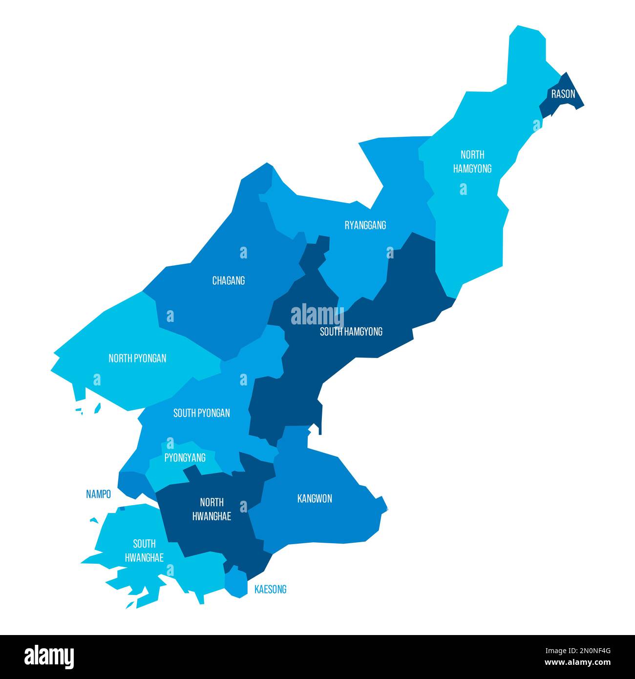 North Korea political map of administrative divisions - provinces. Flat blue vector map with name labels. Stock Vector