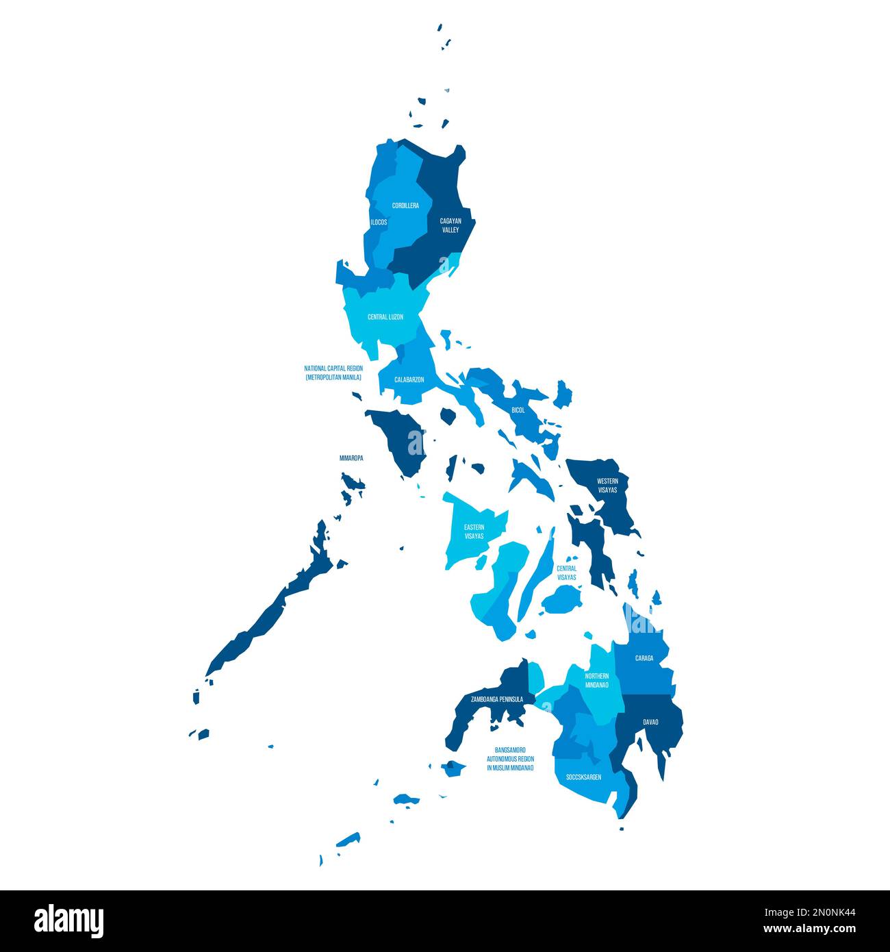 Philippines political map of administrative divisions regions. Flat blue vector map with name