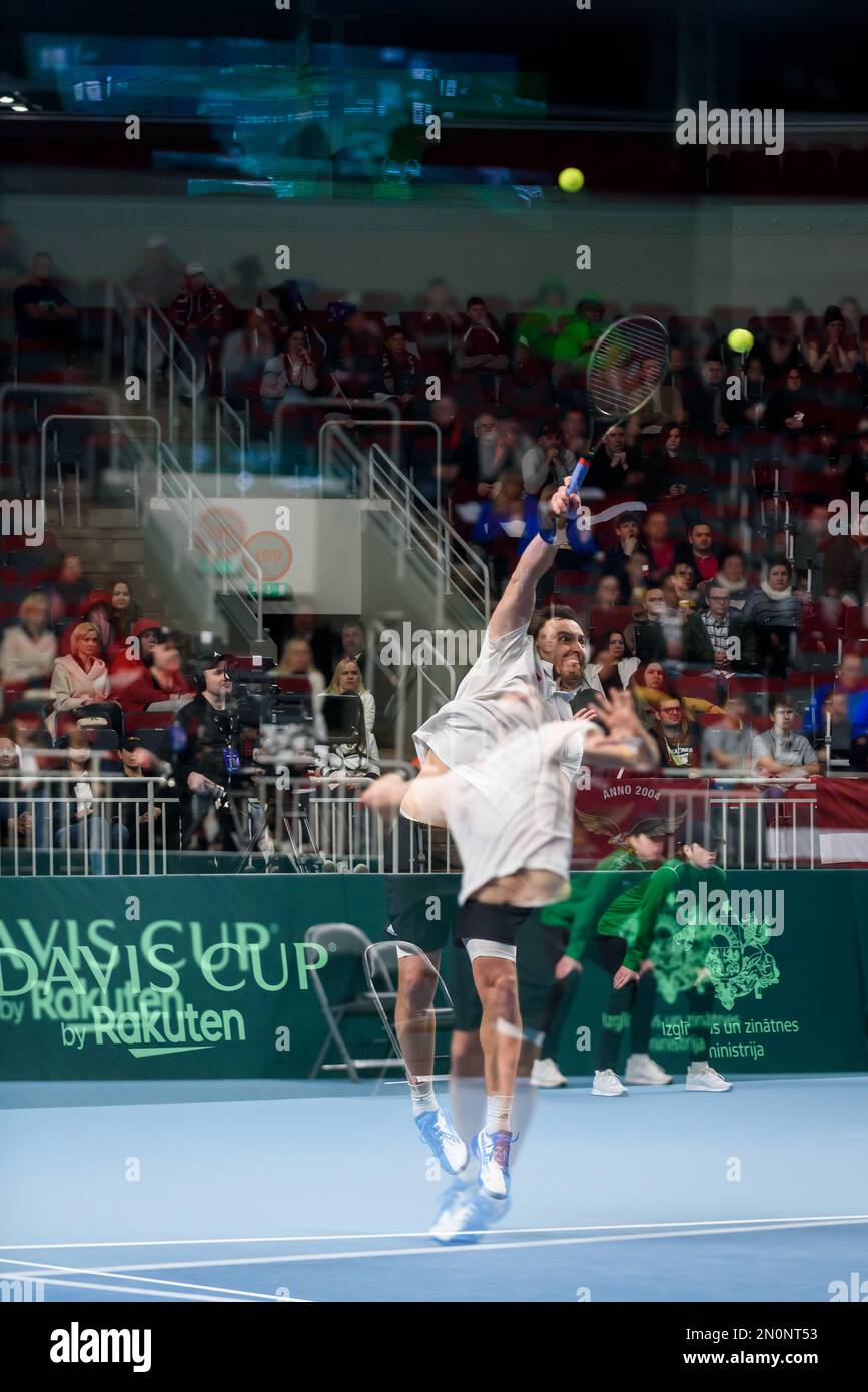 RIGA, LATVIA. 5th February 2023. Multi exposure photo. Latvian professional tennis player Ernests Gulbis played his last match in career