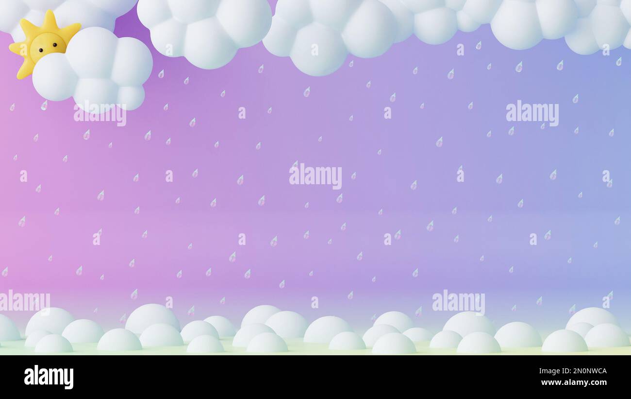 3d rendered sun with clouds and rain. Background for children Stock Photo