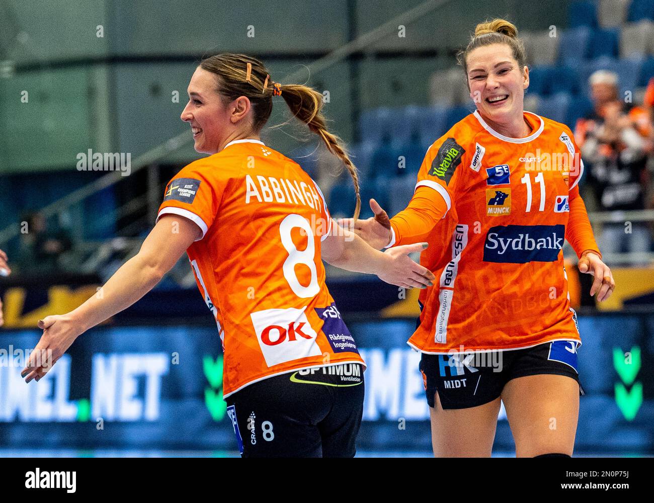 Chomutov, Czech Republic. 05th Feb, 2023. From left Lois Abbingh, Rikke Iversen of Odense celebrate a goal during the Women's handball Champions League 13 round Group 1 game: Most vs Odense in Chomutov, Czech Republic, February 5, 2023. Credit: Ondrej Hajek/CTK Photo/Alamy Live News Stock Photo