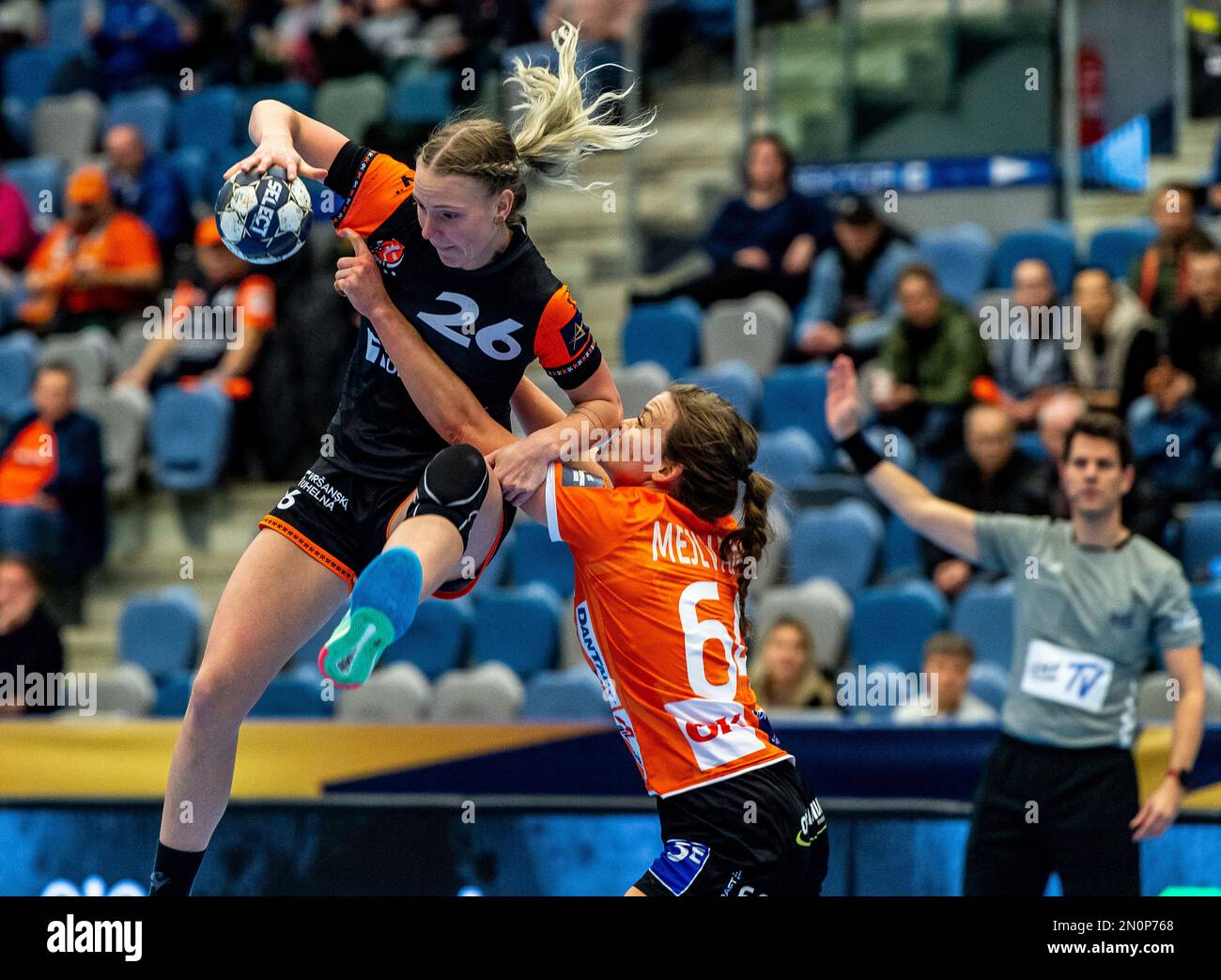 Chomutov, Czech Republic. 05th Feb, 2023. From left Charlotte Cholevova of Most, Sidsel Mejlvang of Odense in action during the Women's handball Champions League 13 round Group 1 game: Most vs Odense in Chomutov, Czech Republic, February 5, 2023. Credit: Ondrej Hajek/CTK Photo/Alamy Live News Stock Photo