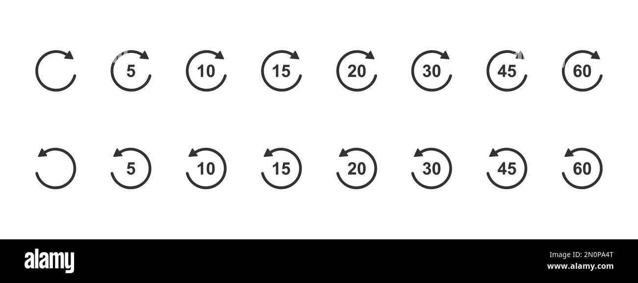 Rewind and fast forward icons with circle arrows and seconds numbers. Round repeat and next buttons isolated on white background. Player playback elements. Vector graphic illustration Stock Vector