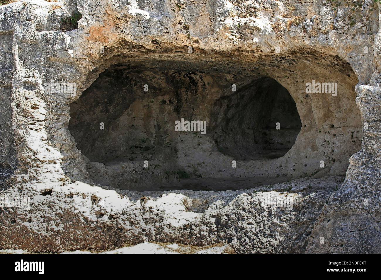 Rupestrian settlements (caves) in the Neapolis Archaeological Park in Syracuse, Sicily Italy. Stock Photo