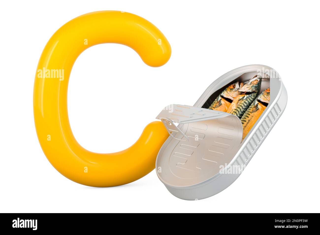 Kids ABC, Letter C with tin can, fish preserve. 3D rendering isolated