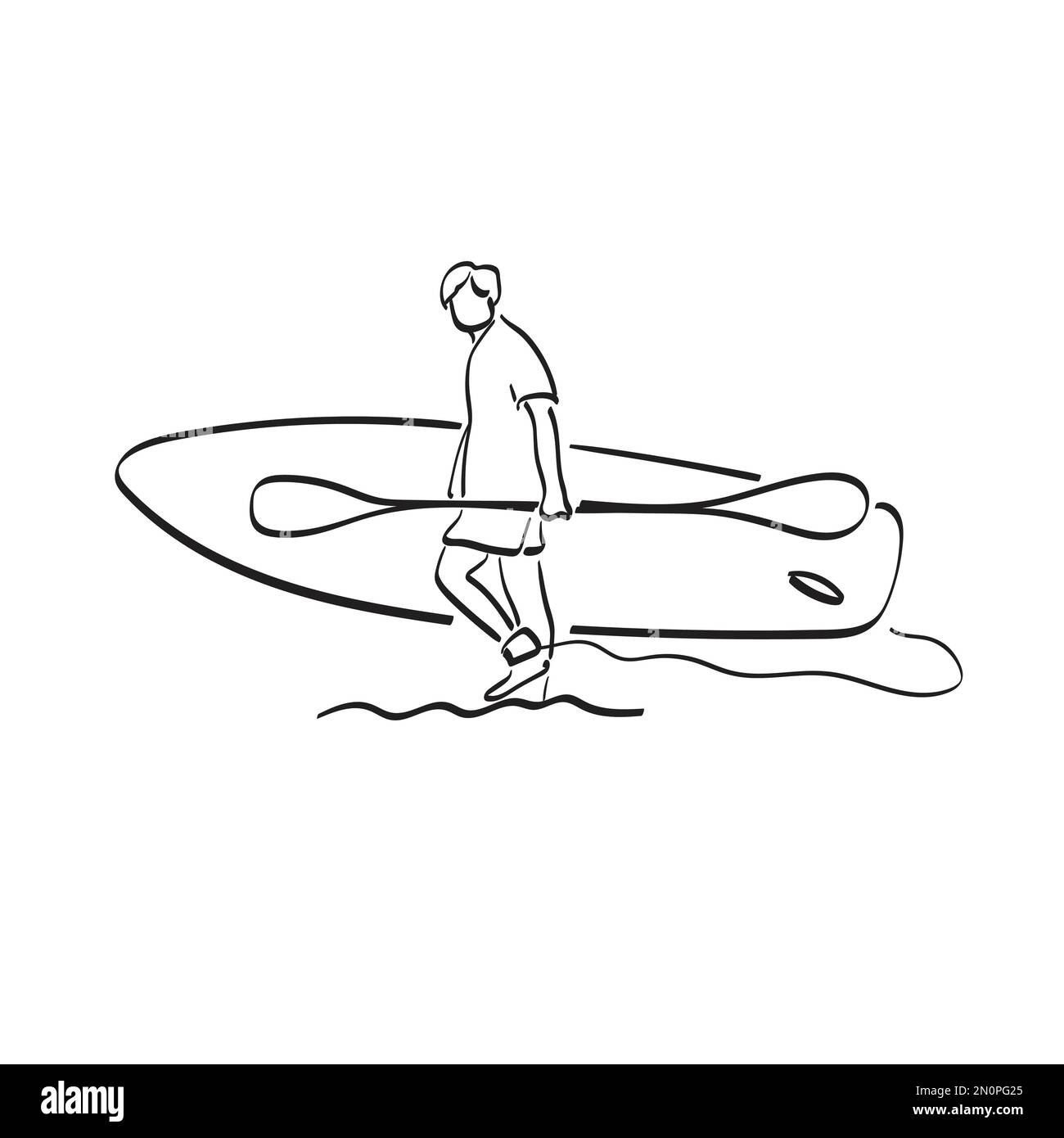man holding paddle board on beach illustration vector hand drawn