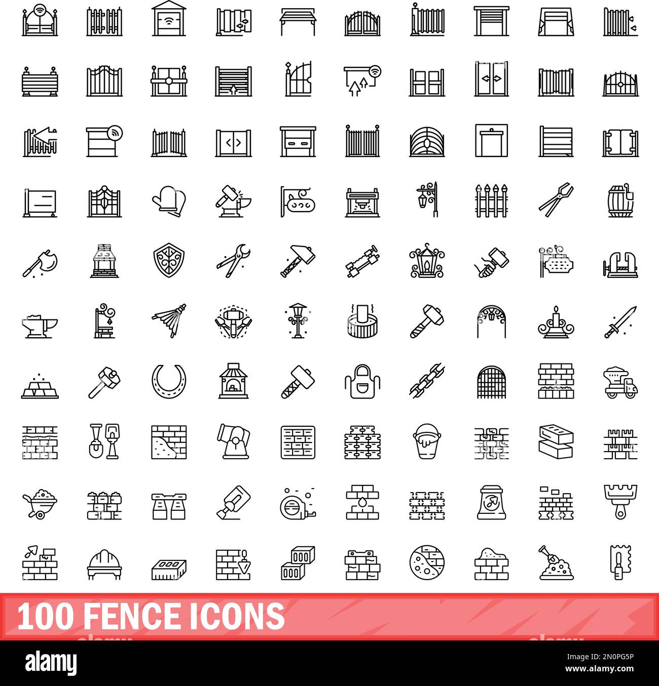 100 fence icons set. Outline illustration of 100 fence icons vector set isolated on white background Stock Vector
