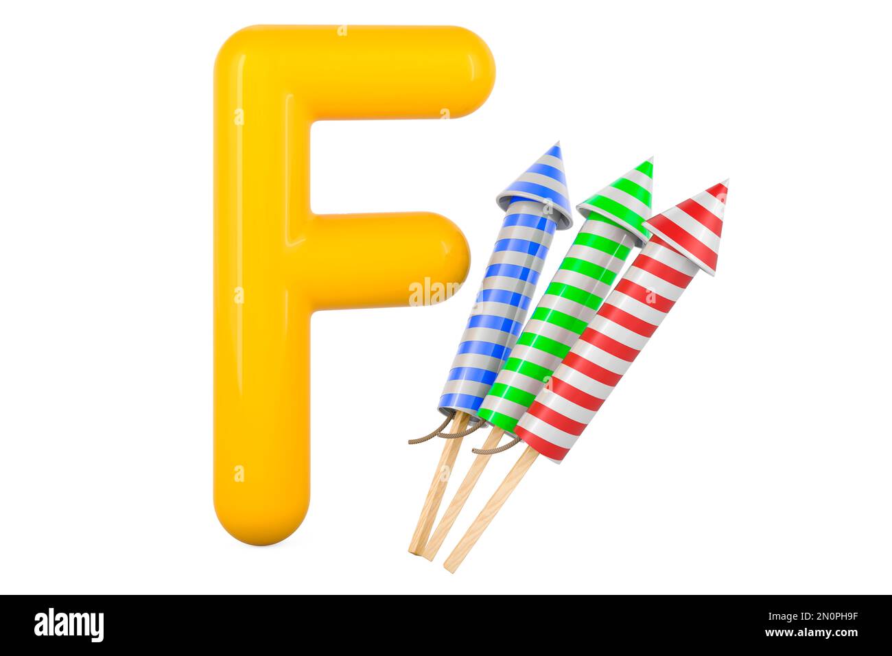Kids ABC, Letter F with fireworks. 3D rendering isolated on white background Stock Photo