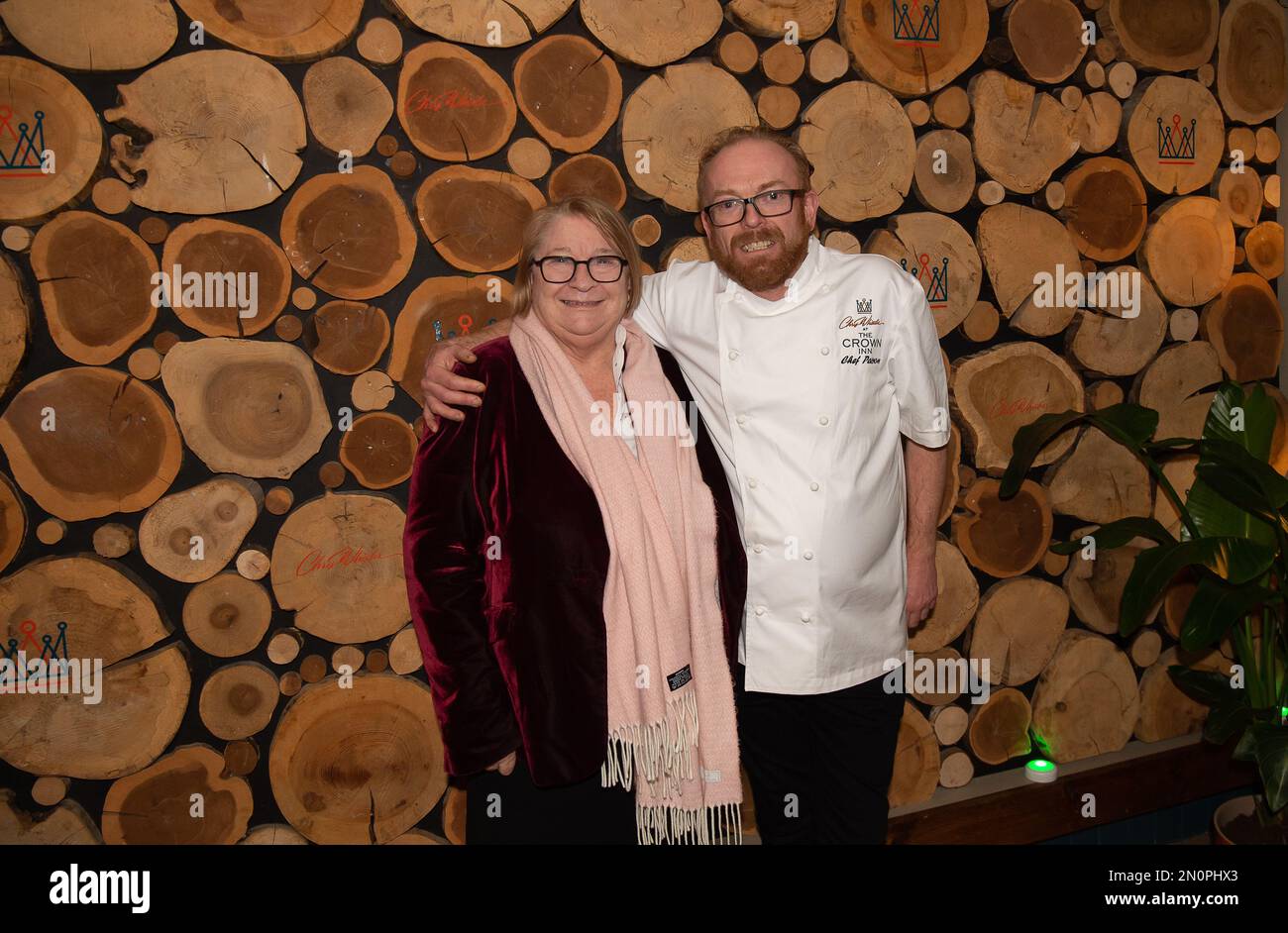 Farnham Royal, UK. 2nd February, 2023. Celebrity Chef Rosemary Shrager and Celebrity Chef Chris Wheeler at the pre opening event at the Crown Inn. Chris Wheeler who was the Executive Chef at the former Humphry's Restaurant at Stoke Park for almost 20 years has now opened a new restaurant called Chris Wheeler at the Crown Inn together with business partner and pub owner Russell Allen. The restaurant at the Crown Inn in Farnham Royal, Slough opened for business on Saturday 4th February 2023. Credit: Maureen McLean/Alamy Stock Photo